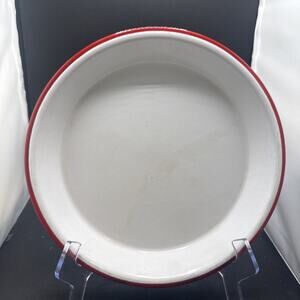 Vintage White Red Rim Enamelware Dinner Plate Farmhouse Camp Rustic 10 Inch